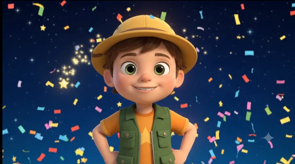 Personagem comemorando o acerto da criança